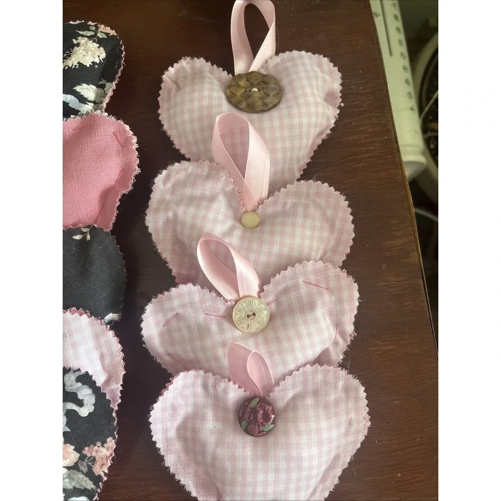 12 Handmade Hearts Bowl Filler Ornaments‎ Stuffed Pink Gingham Rose Floral